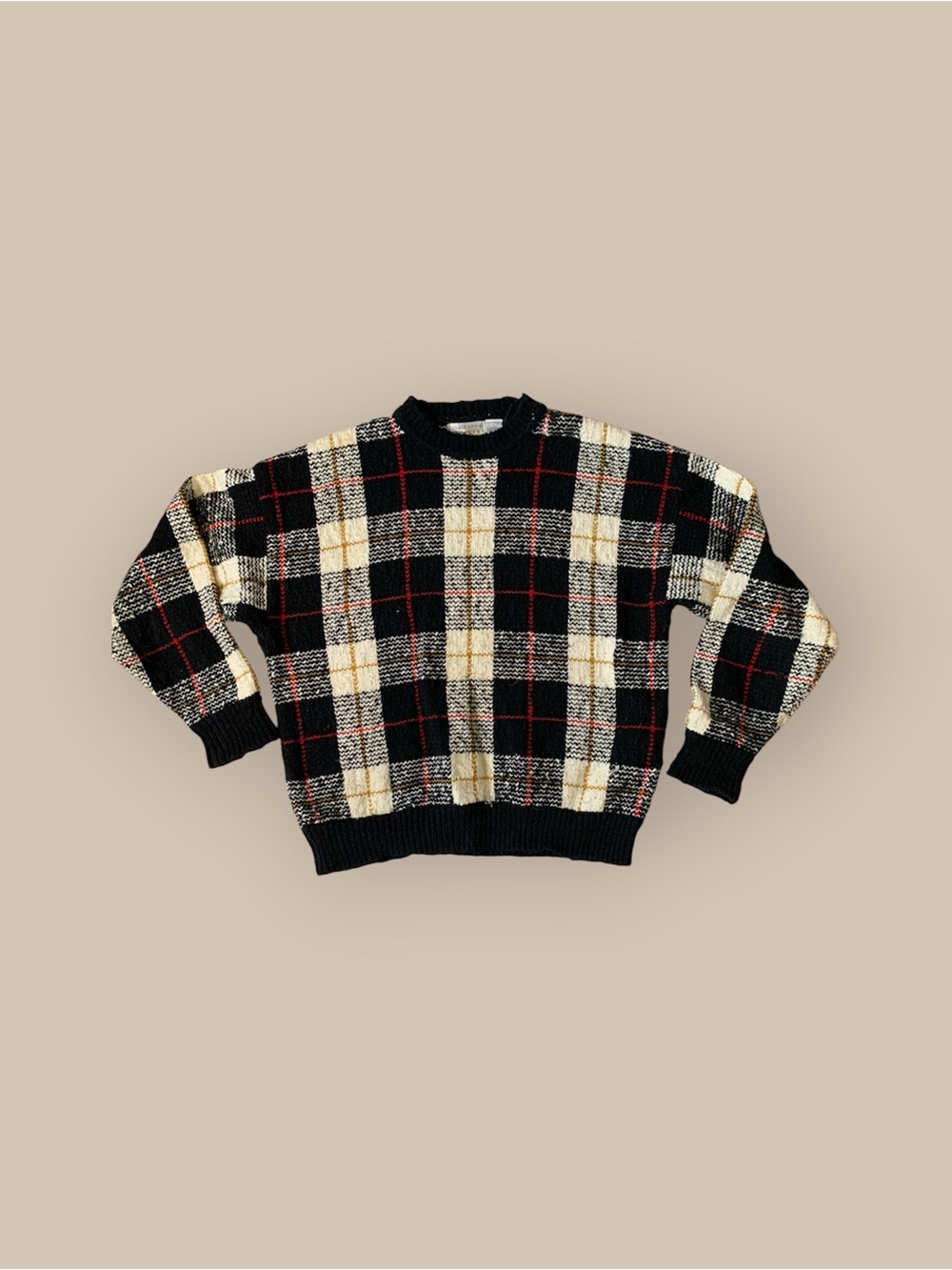 Claiborne Black Plaid Crewneck Sweater with Cream & Red Accents